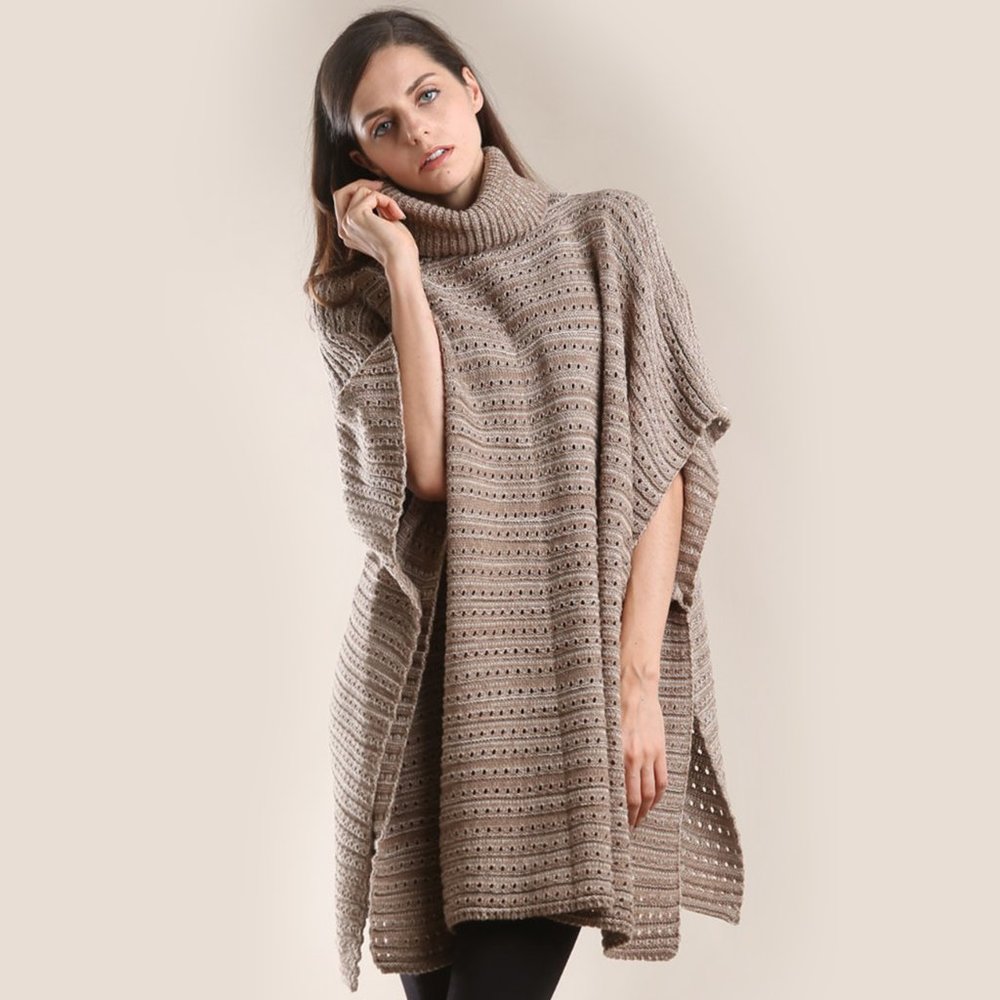 LOF Eyelet Turtle Neck Two Tone Knit Poncho